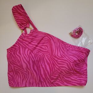 MICHAEL Michael Kors Zebra Print  One-Shoulder Bikini Top Color Pink Size Medium